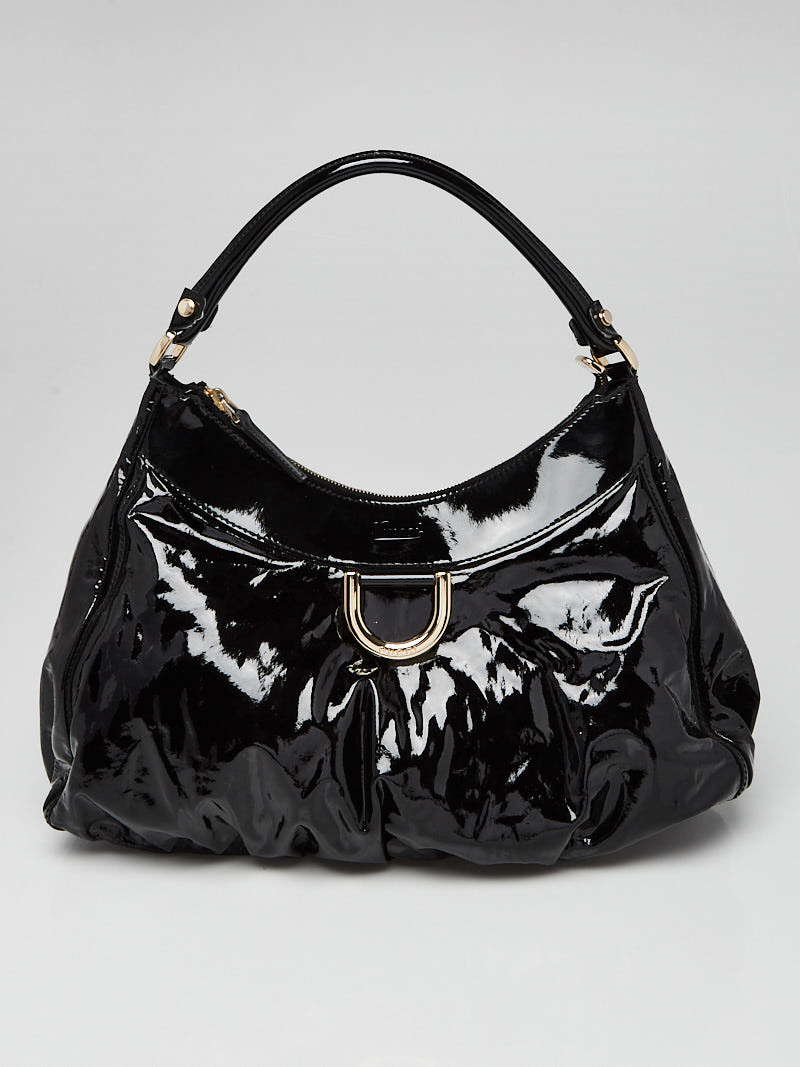 Gucci Black Patent Vinyl Large D-Ring Hobo Bag