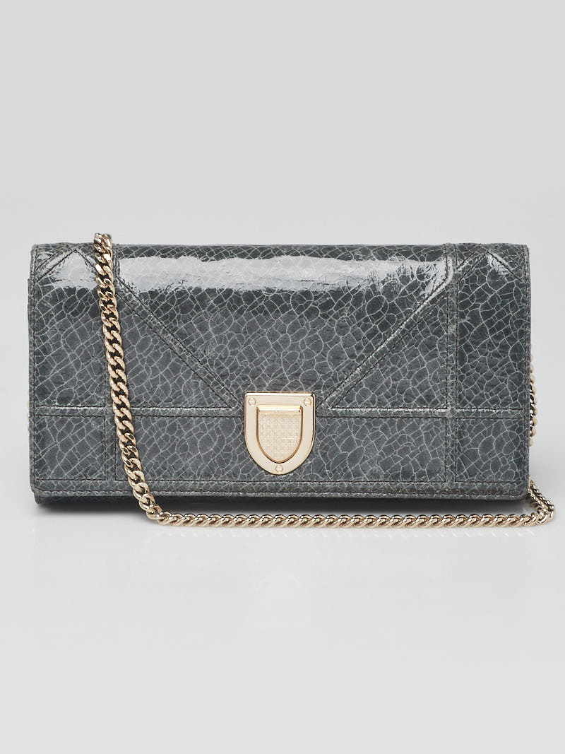 Christian Dior Grey Crinkle Patent Leather Croisiere Wallet on Chain Clutch Bag