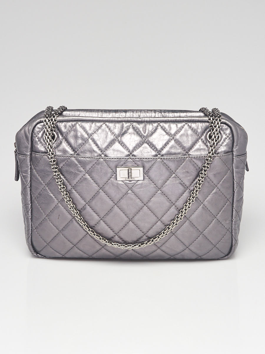 Chanel Dark Silver Metallic Quilted Calfskin Leather Large Reissue Camera Case Bag