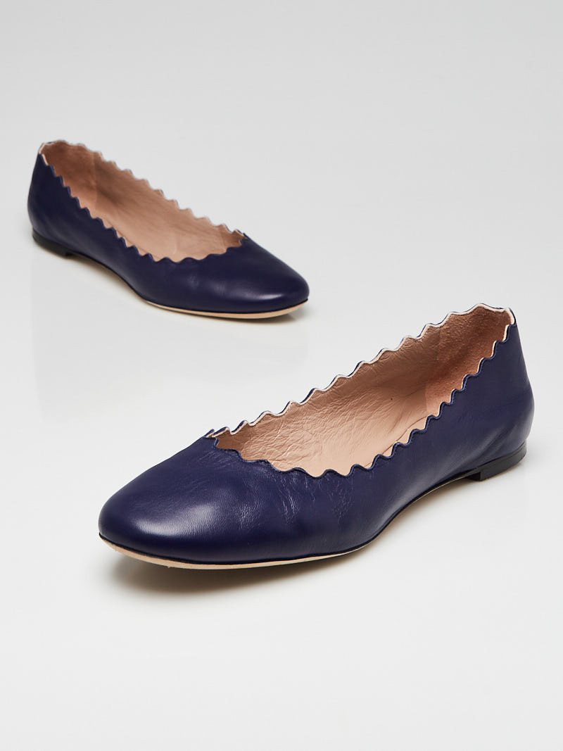 Chloe Blue Leather Scalloped Lauren Ballet Flats Size 9.5 40