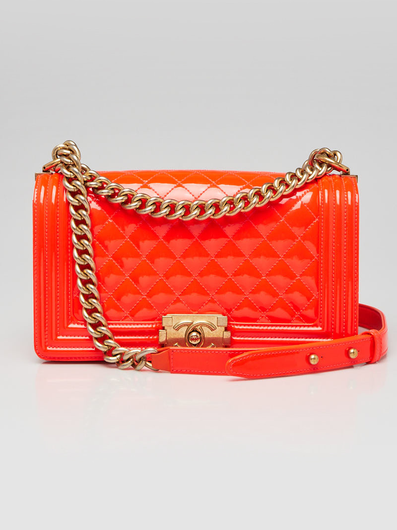 Chanel Fluo Orange Quilted Patent Leather Medium Boy Bag