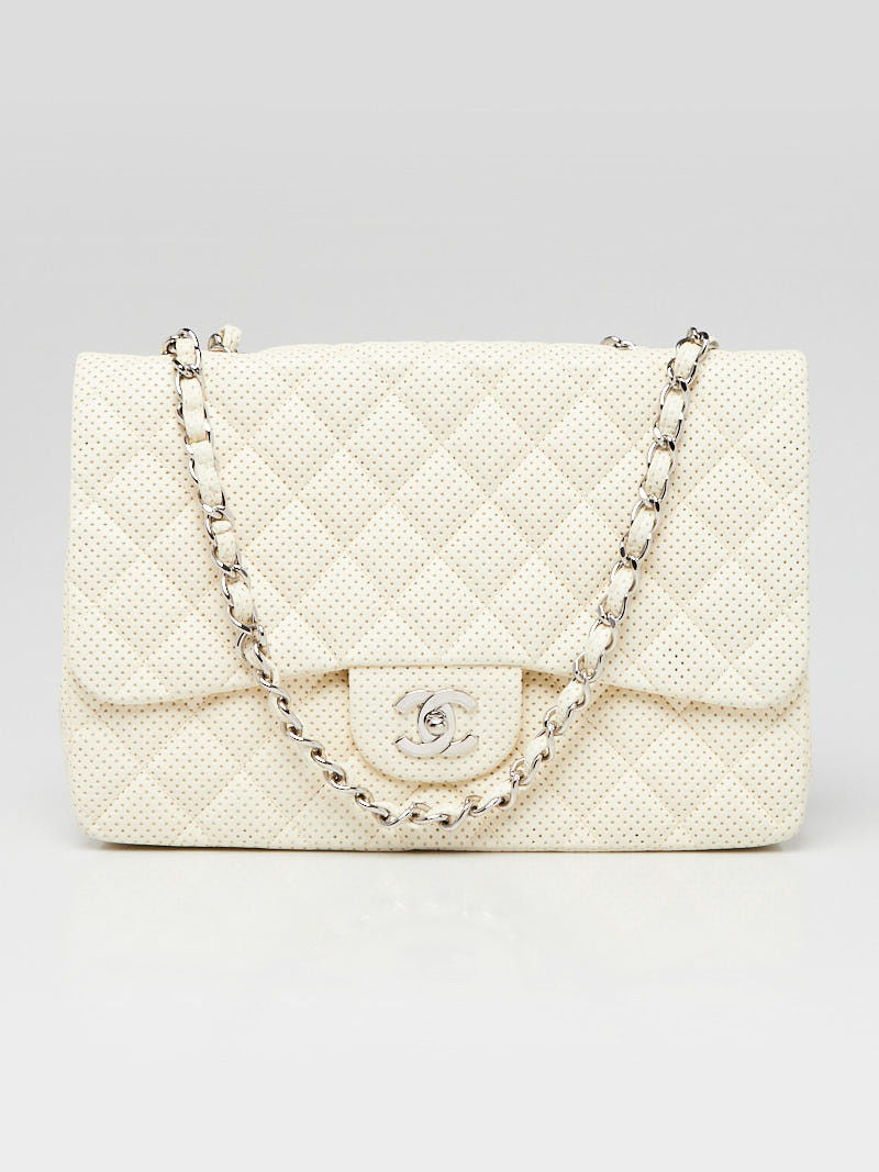 Chanel White Perforated Quilted Leather Classic Jumbo Single Flap Bag