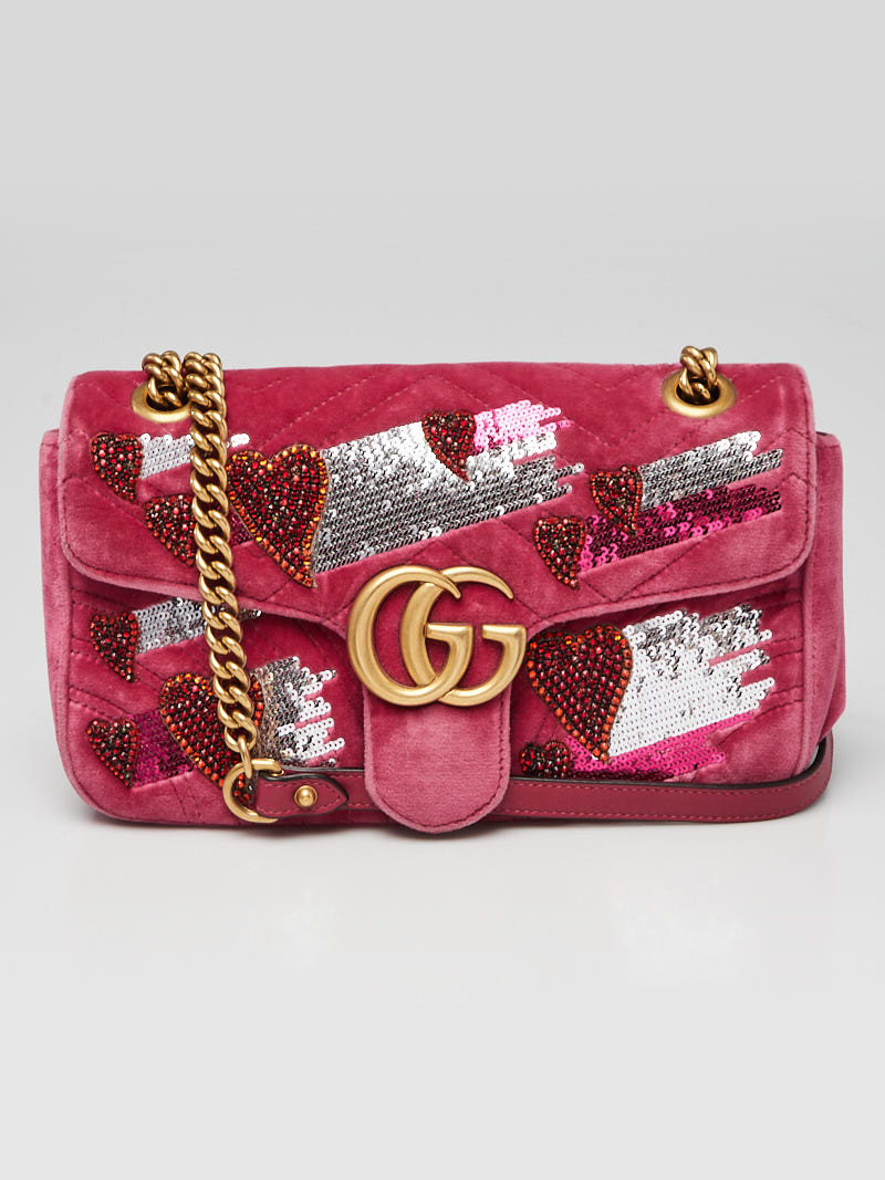 Gucci Limited Edition Pink Quilted Velvet GG Marmont Small Heart Sequin Shoulder Bag