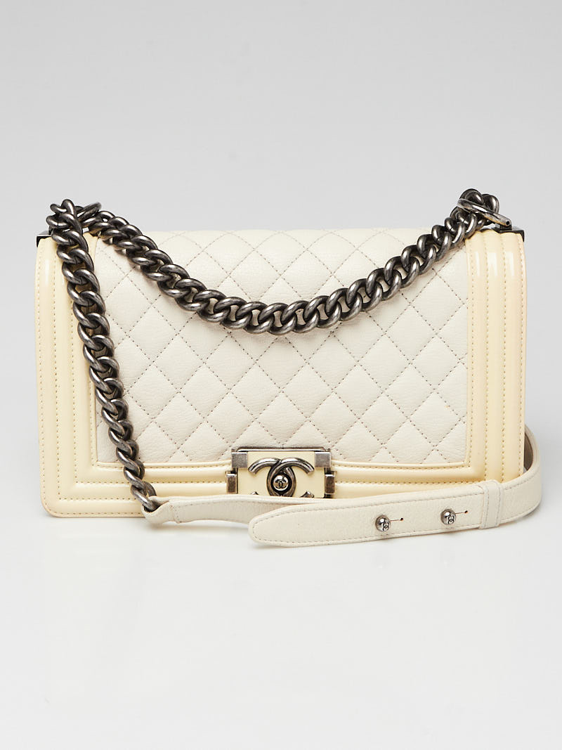Chanel White Beige Quilted Chevre and Patent Leather Medium Boy Bag