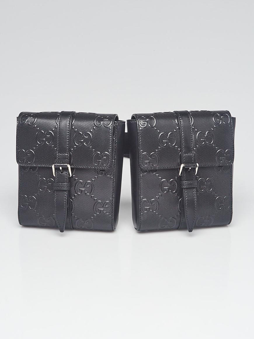 Gucci Black Embossed Perforated Leather Double Belt Bag