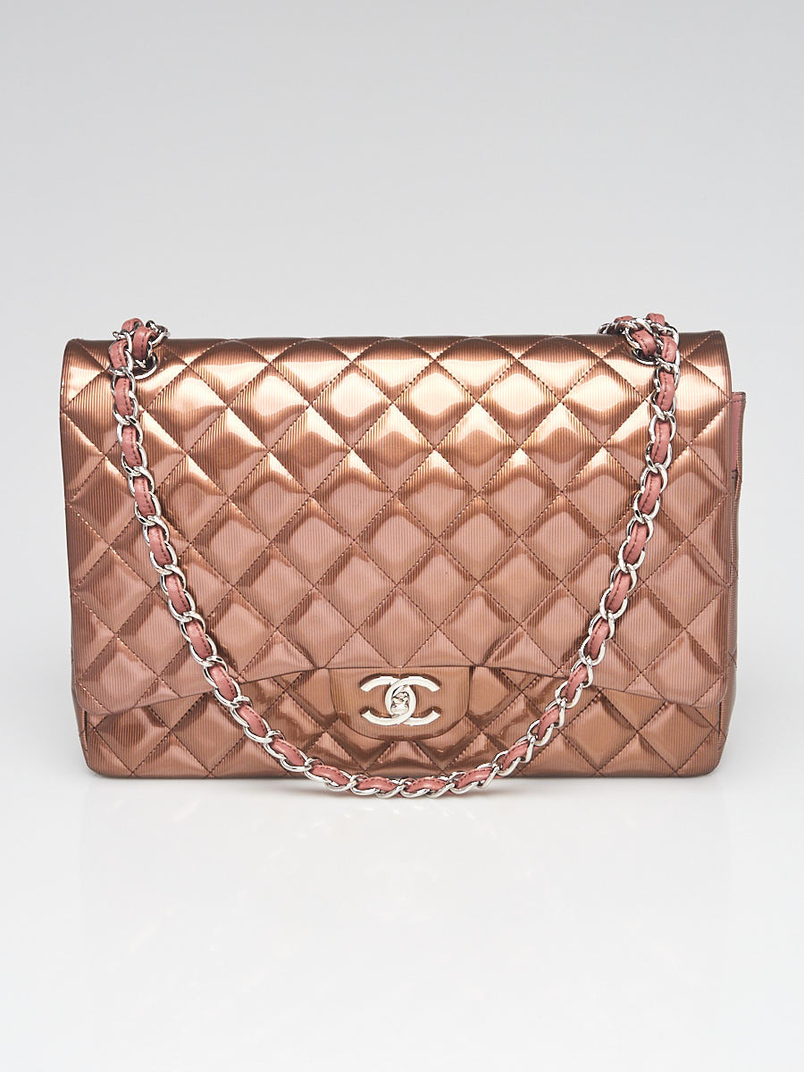 Chanel Bronze Striated Quilted Patent Leather Classic Maxi Double Flap Bag