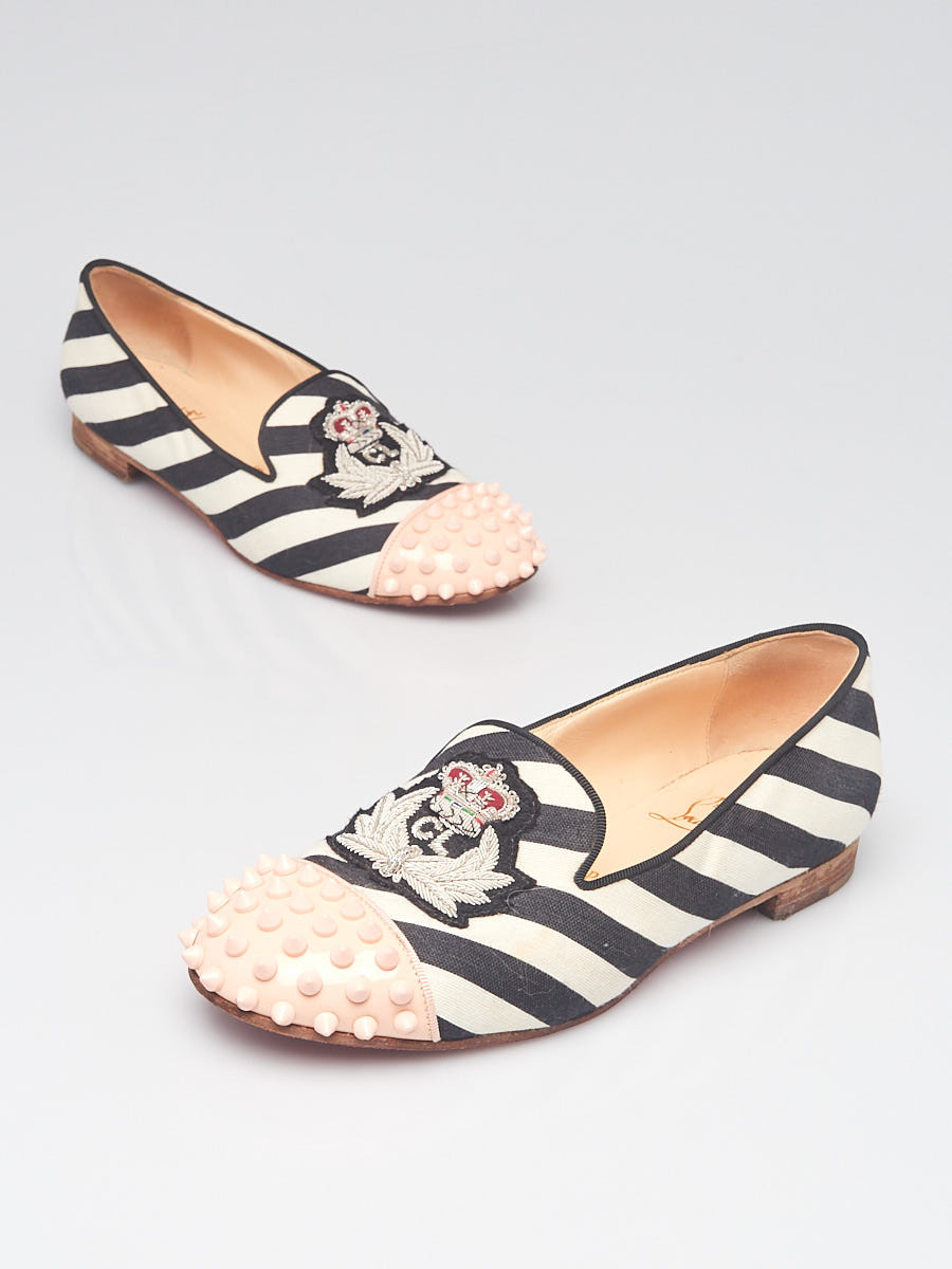 Christian Louboutin Black White Pink Striped Canvas Intern Flat Loafers Size 6 36.5