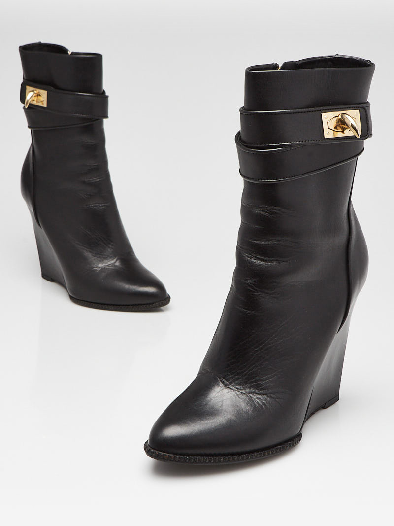 Givenchy Black Leather Shark-Lock Wedge Ankle Boots Size 6.5 37