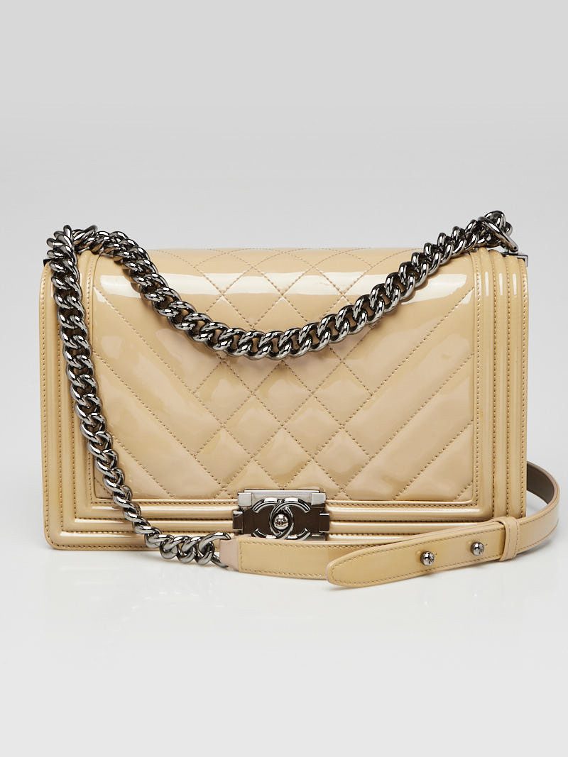 Chanel Beige Quilted Patent Leather New Medium Boy Bag