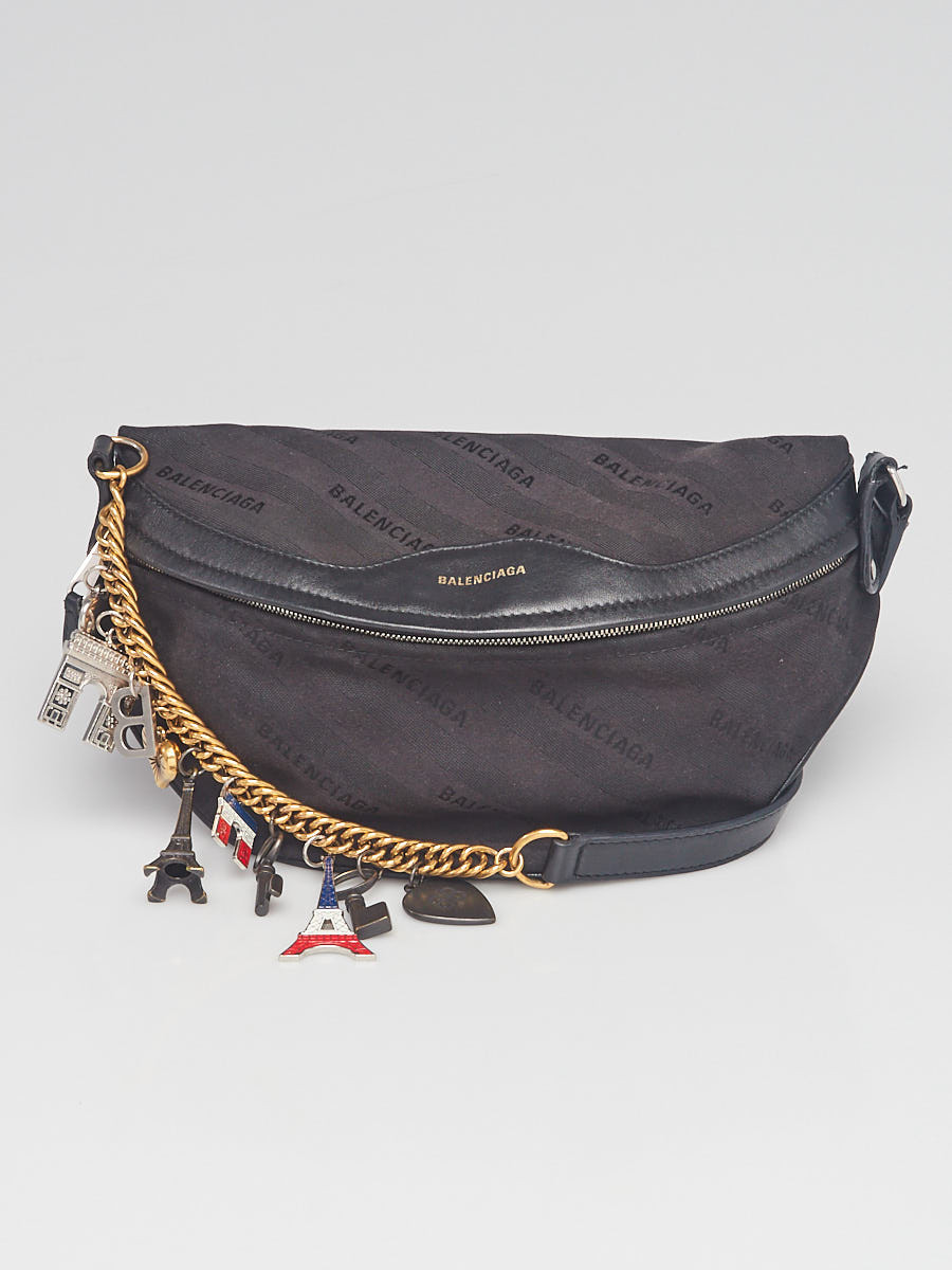 Balenciaga Black Canvas Leather Logo Embroidered Souvenir Belt Bag