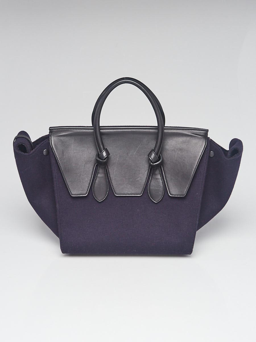 Celine Navy Black Wool and Leather Small Tie Tote Bag