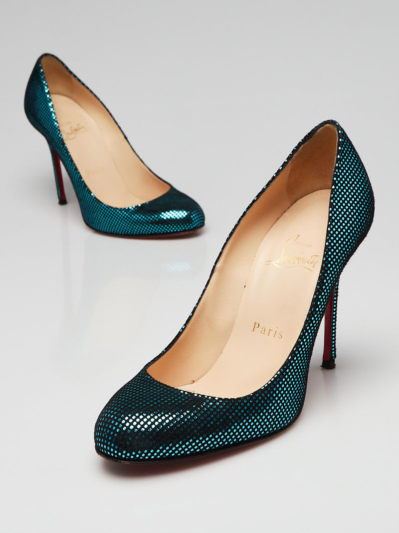 Christian Louboutin Green Square Metal Suede Simple 100 Pumps Size 6 36.5