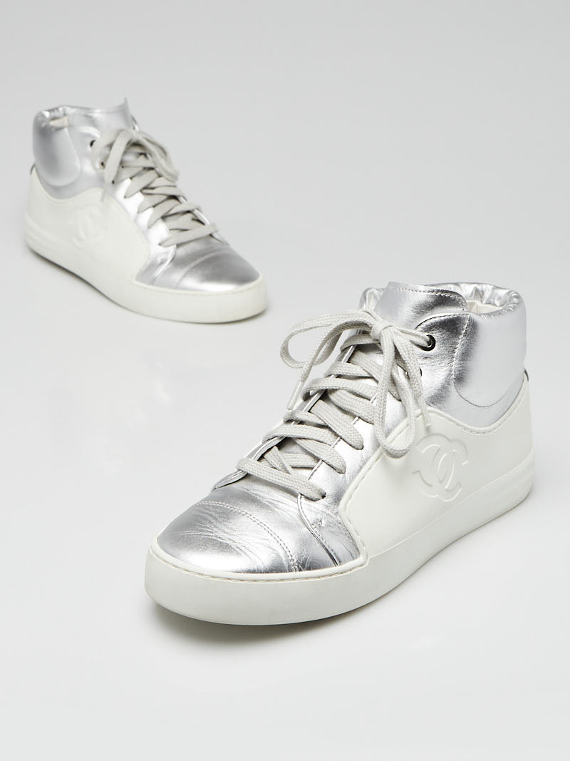 Chanel White Silver Leather Rubber High Top Sneakers Size 5.5 36