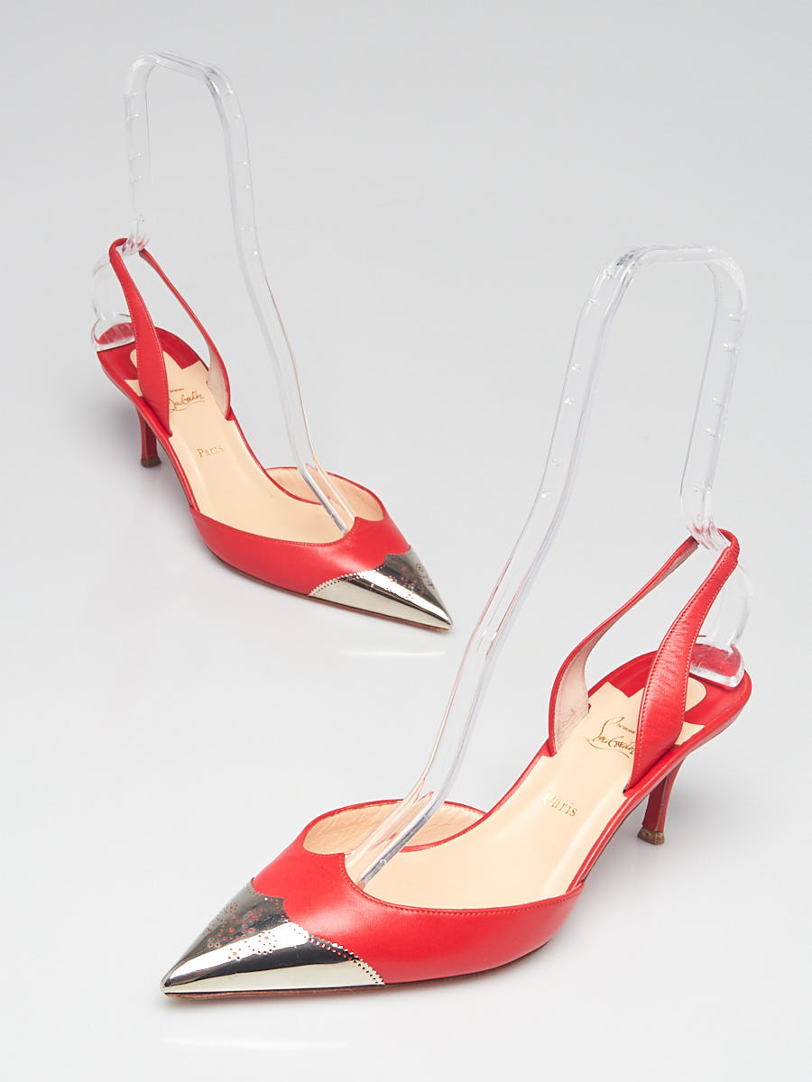 Christian Louboutin Red Silver Calamijane 70 Slingback Pumps Size 8.5 39