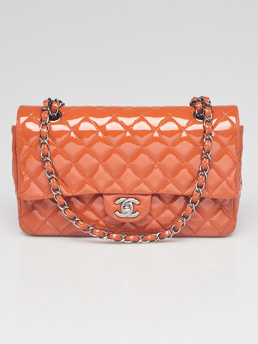 Chanel Orange Quilted Patent Leather Classic Medium Double Flap Bag