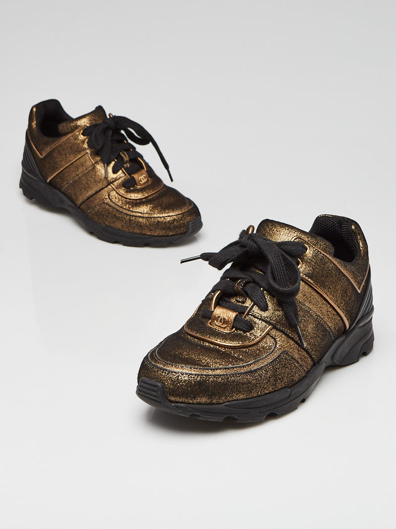 Chanel Black Gold Leather Sneakers Size 6.5 37