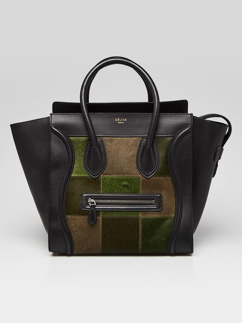 Celine Black and Green Pony Hair and Leather Mini Luggage Tote Bag