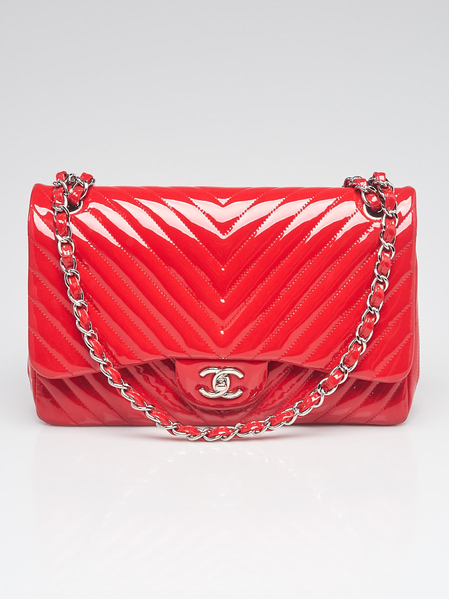 Chanel Red Chevron Quilted Patent Leather Classic Jumbo Double Flap Bag