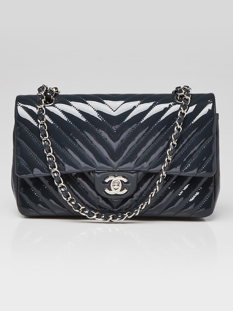 Chanel Grey Chevron Quilted Patent Leather Classic Medium Double Flap Bag