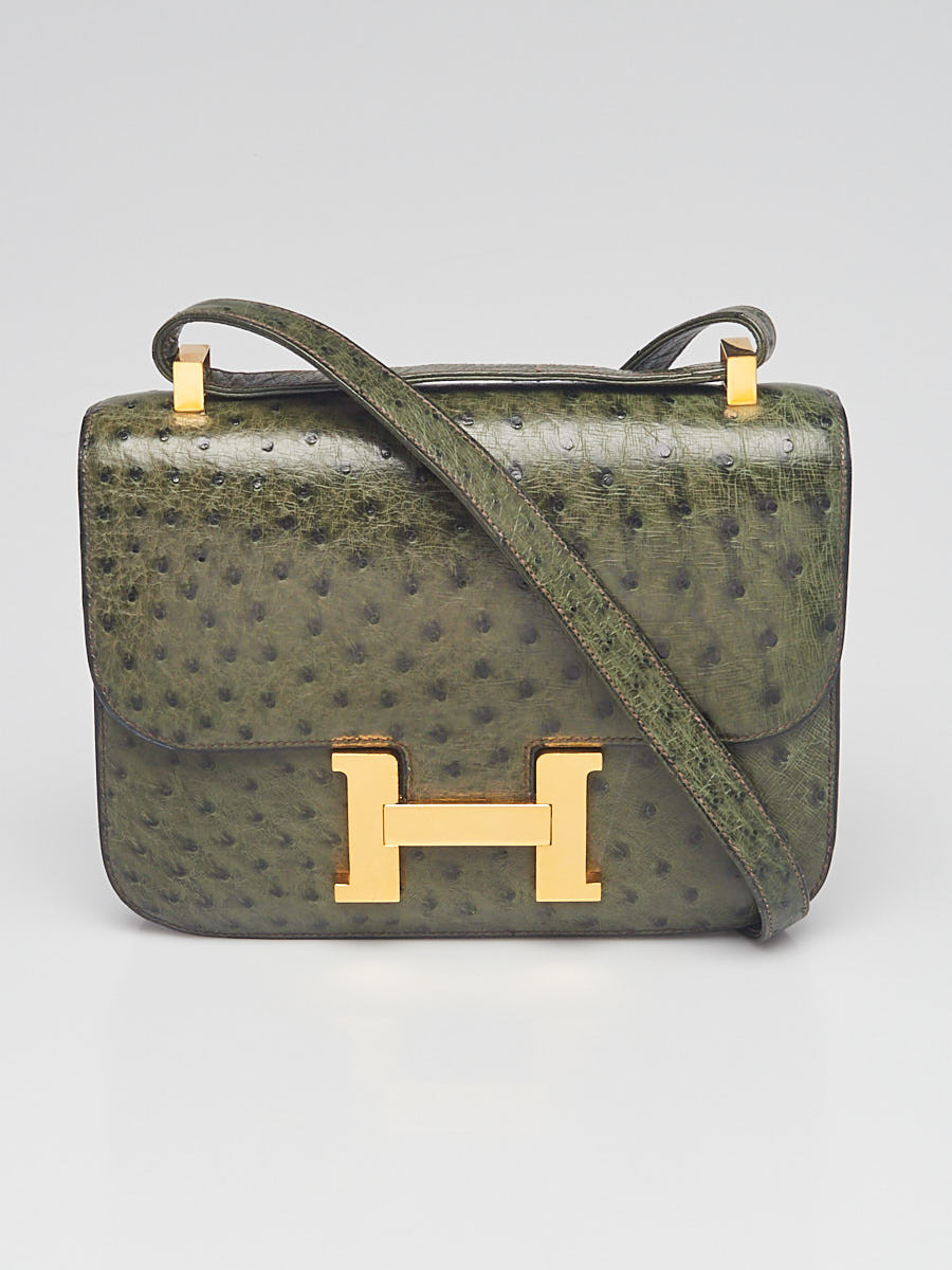 Hermes 23cm Vert Olive Ostrich Leather Gold Plated Constance Bag