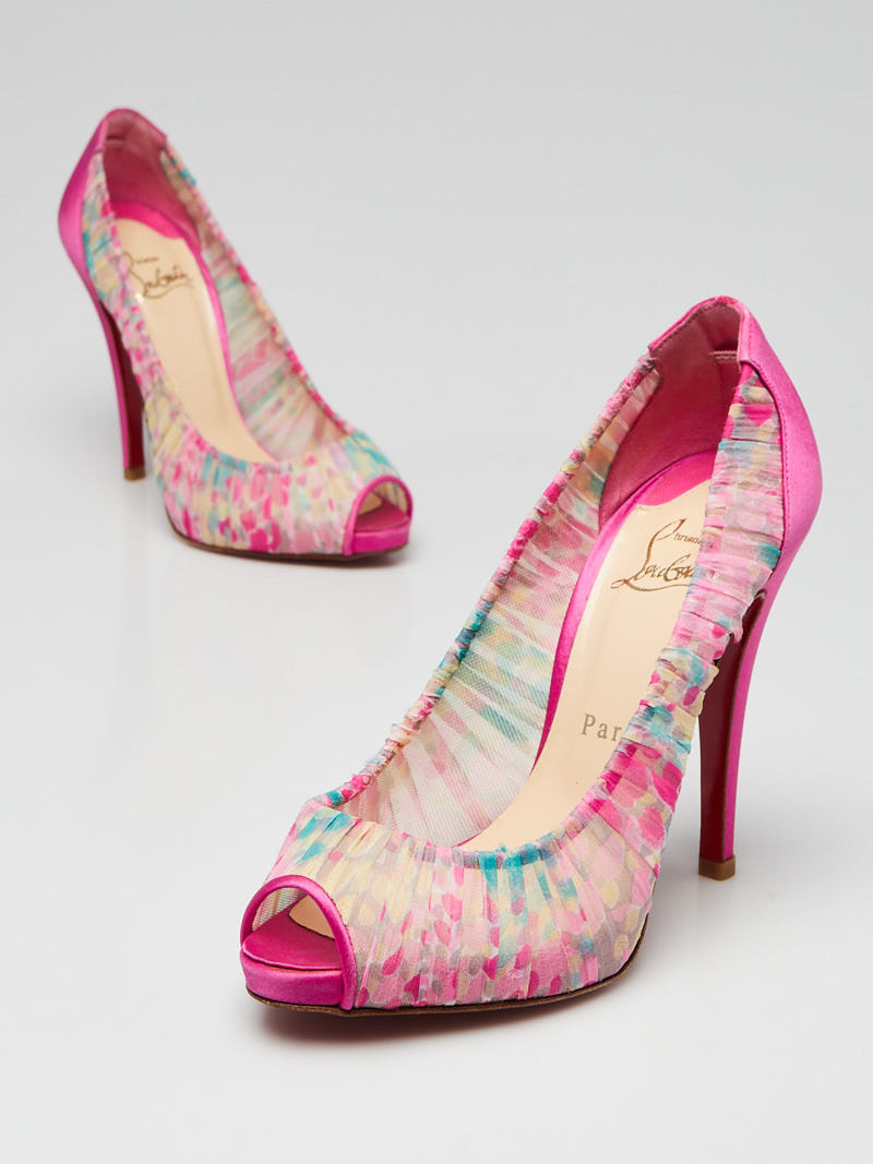 Christian Louboutin Pink Impression Crepe Satin Chiffon Parisienne 90 Peep Toe Pumps Size 5.5 36