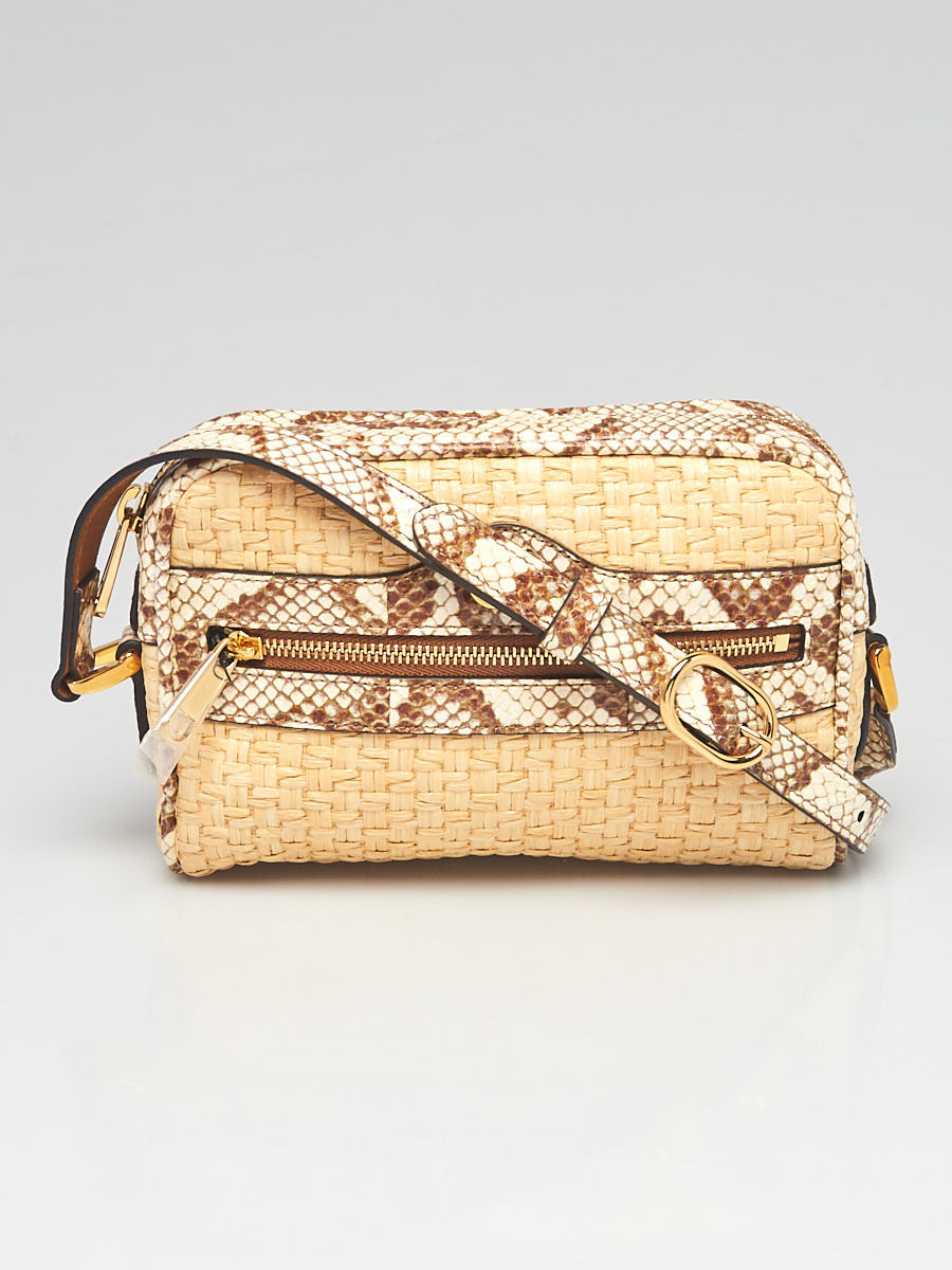 Gucci Woven Raffia and Brown Watersnake Mini Ophidia Crossbody Bag