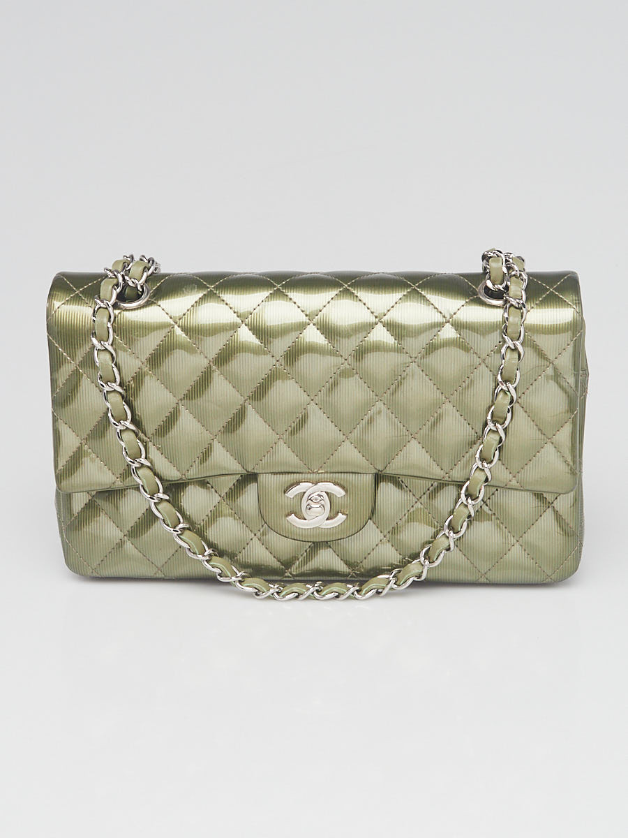 Chanel Green Striated Quilted Patent Leather Classic Medium Double Flap Bag