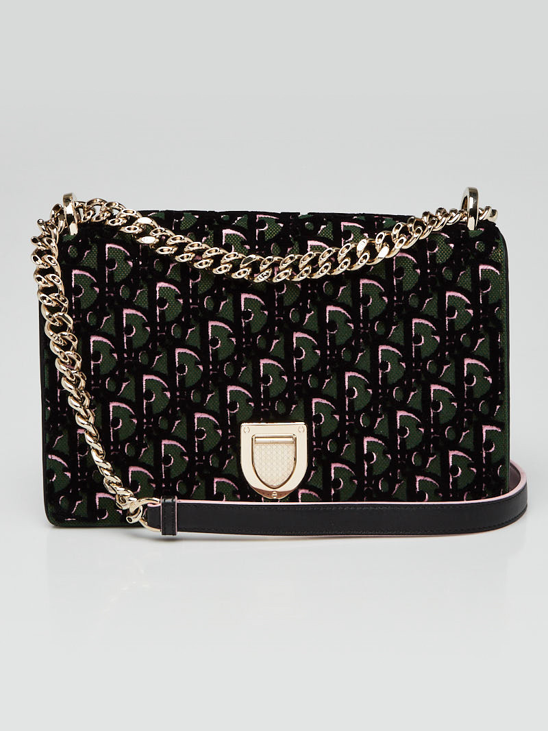 Christian Dior Black Pink Green Velvet and Canvas Vintage Monogram Medium Diorama Bag