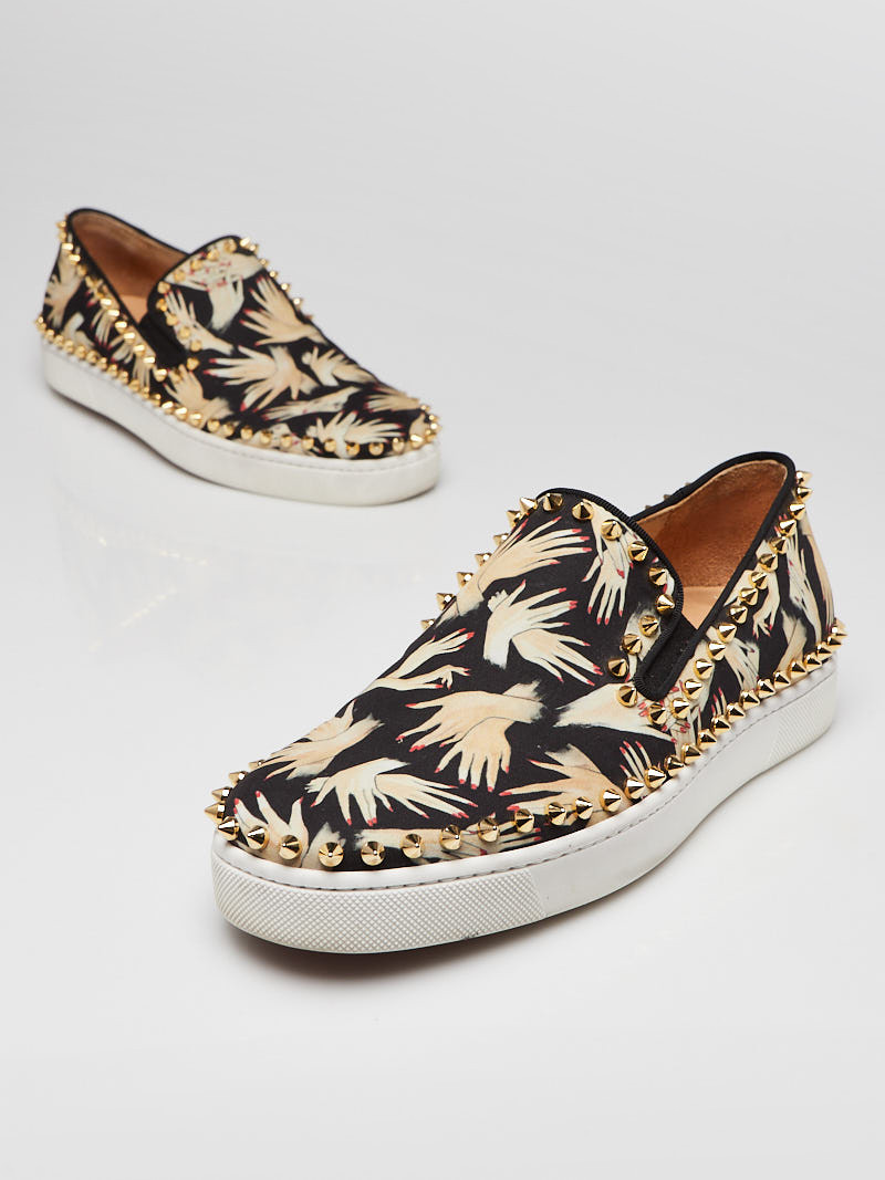 Christian Louboutin Black Nail Print Canvas Stud Embellished Boat Flats Size 7.5 38