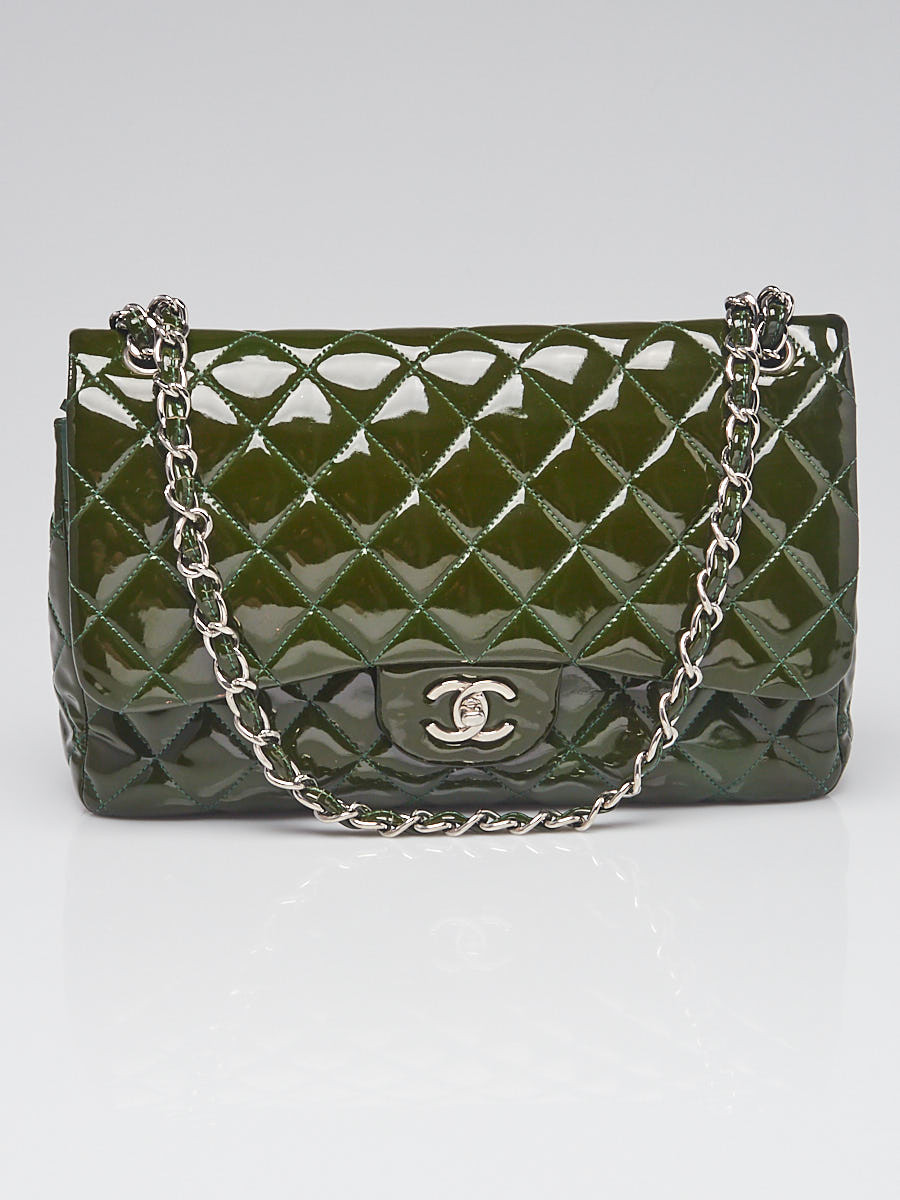Chanel Green Quilted Patent Leather Classic Jumbo Double Flap Bag