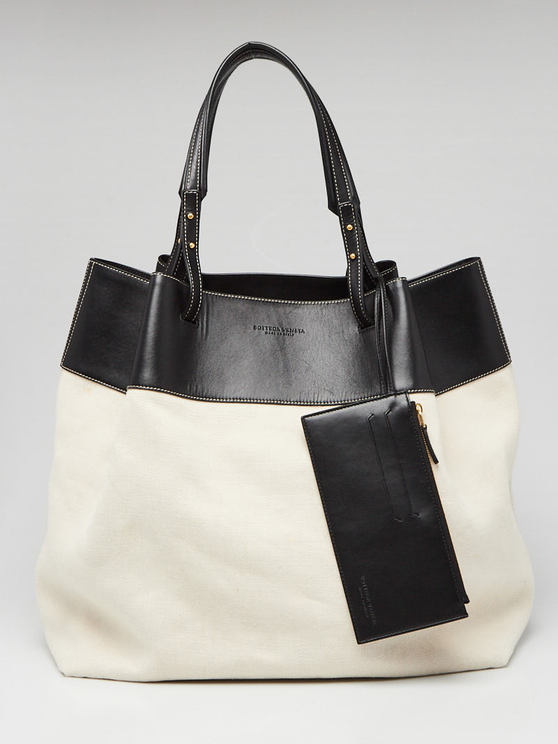 Bottega Veneta Black Cream Leather and Linen Tote Bag