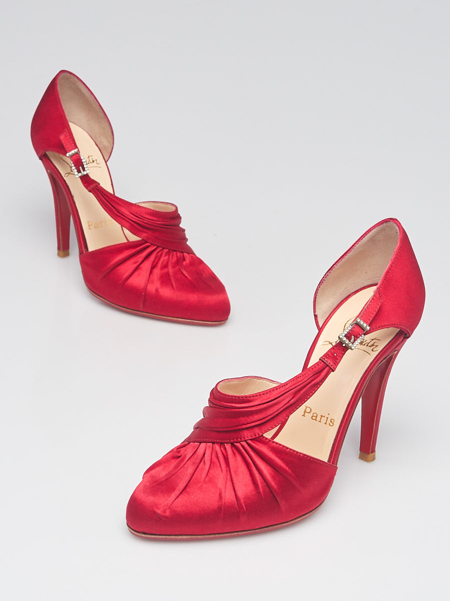 Christian Louboutin Red Crepe Satin Drapinight Jeweled D'Orsay 100 Heels Size 5 35.5
