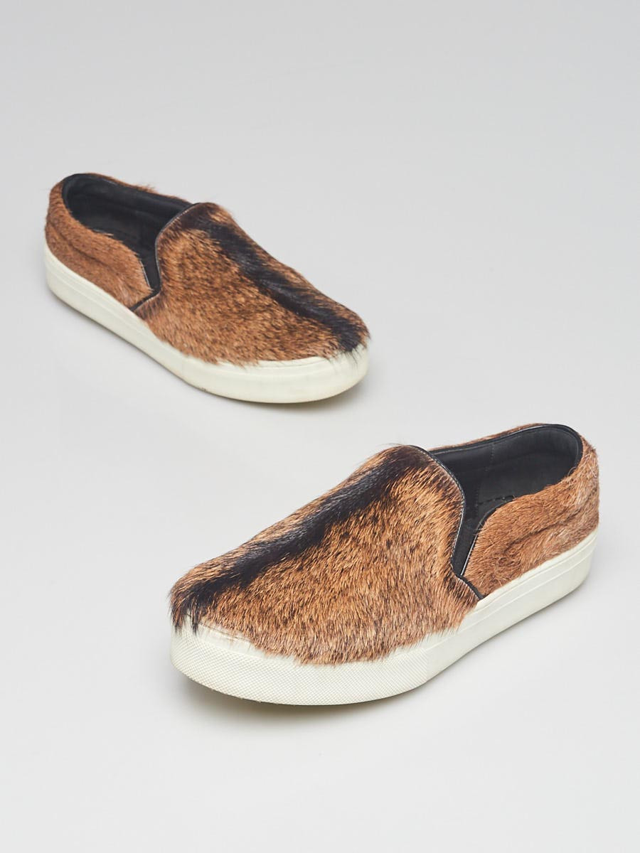 Celine Brown Black Pony Hair Slip-On Sneakers Size 8 38.5