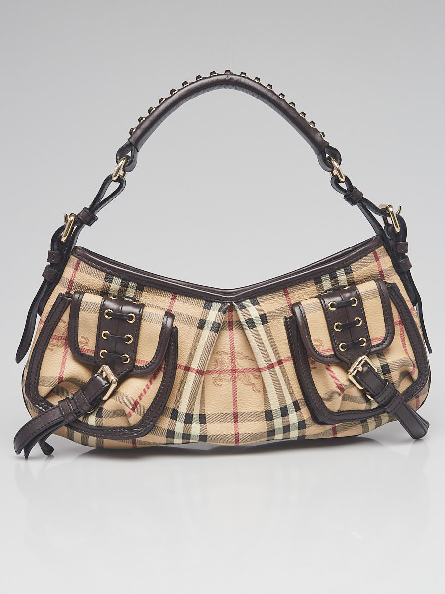 Burberry Brown Leather Haymarket Check Coated Canvas Small Shoulder Bag