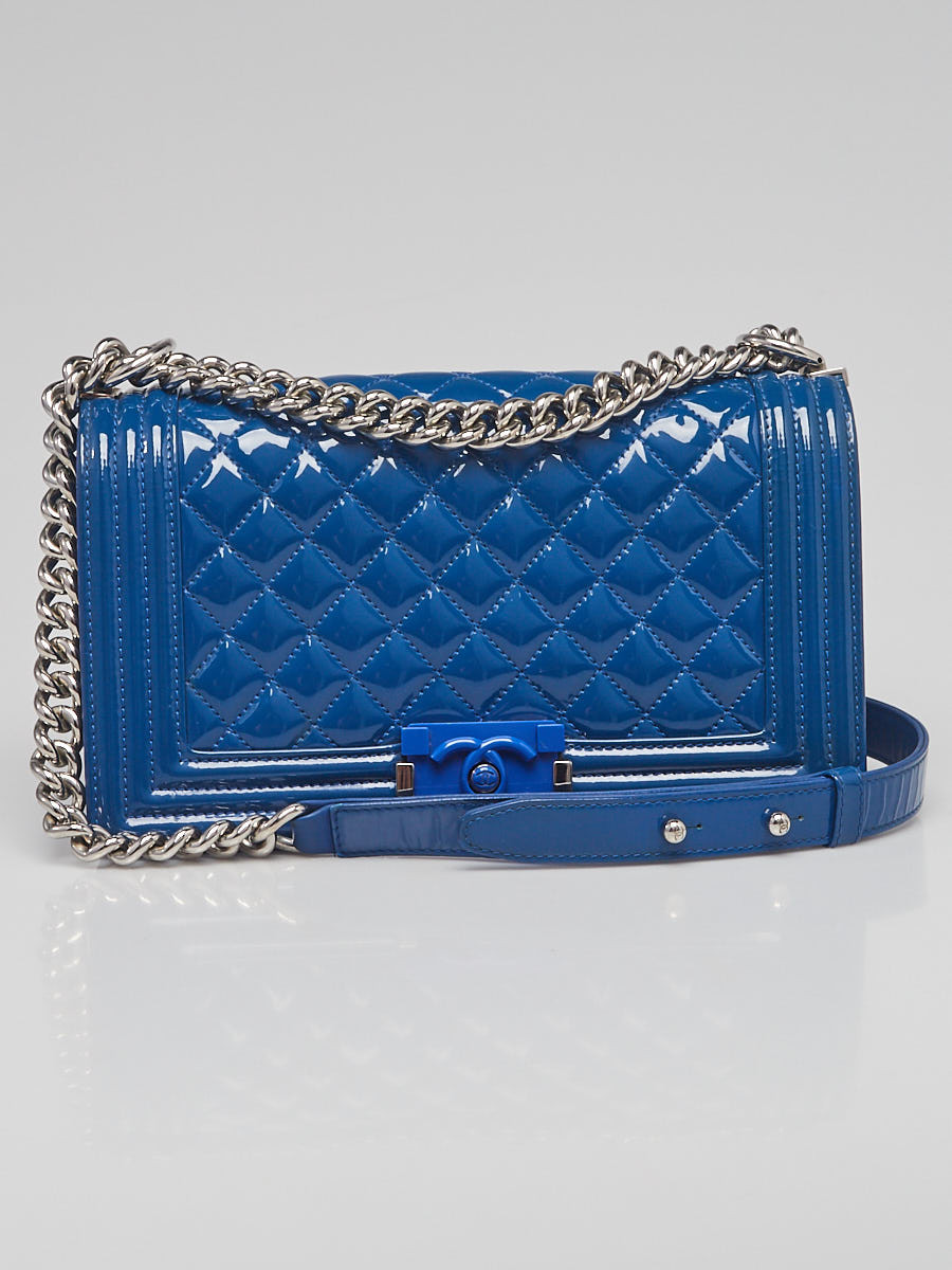 Chanel Blue Quilted Patent Leather Medium Boy Bag