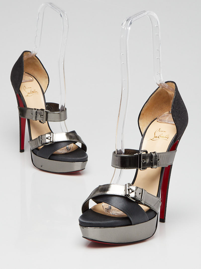 Christian Louboutin Silver Patent Leather Satin Glitter 160 Platform Sandals Size 9.5 40