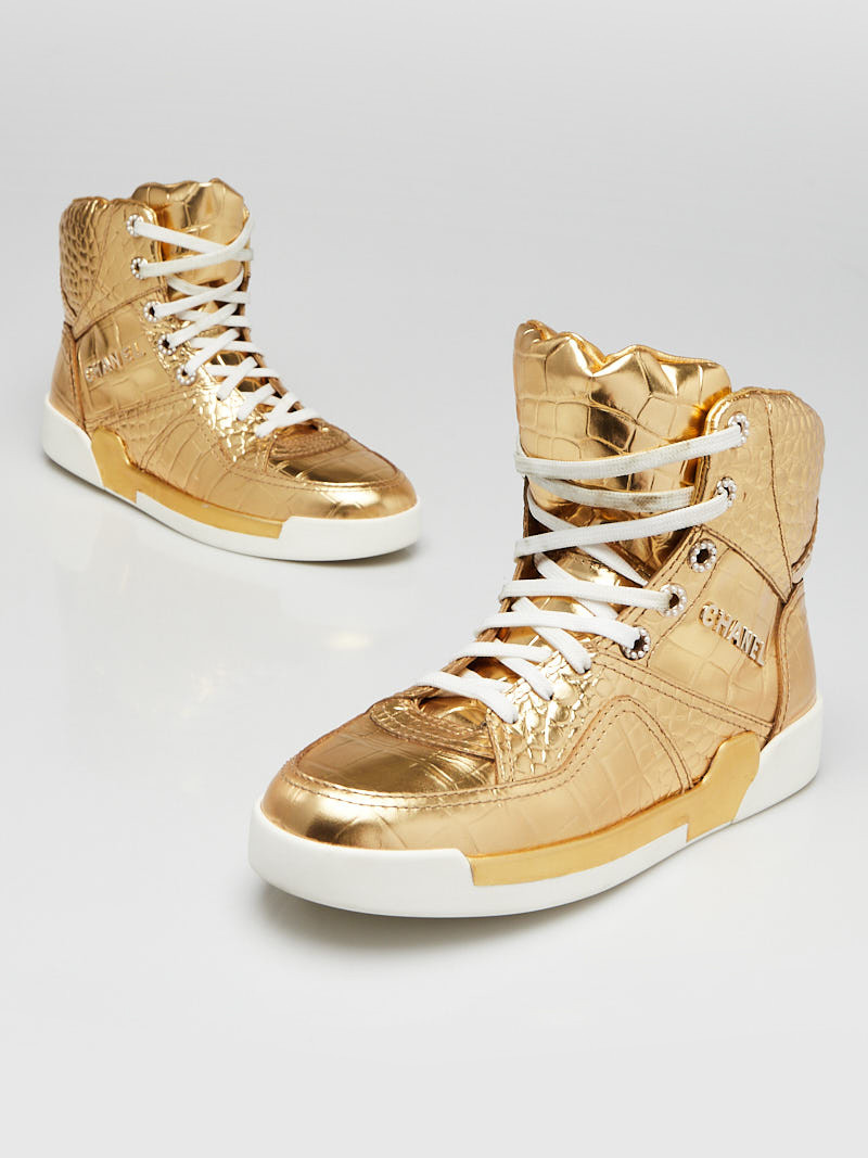 Chanel Gold Metallic Crocodile Embossed High Top Sneakers Size 8.5 39