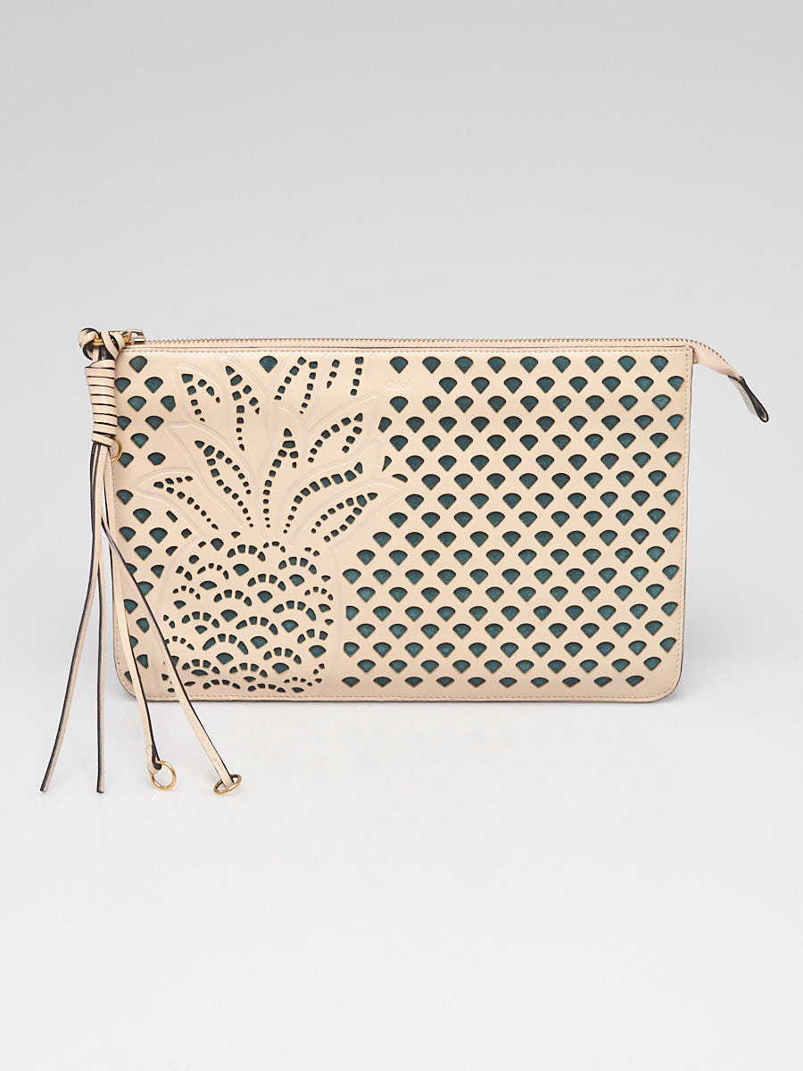 Chloe Beige Green Leather Suede Perforated Pineapple Clutch Bag