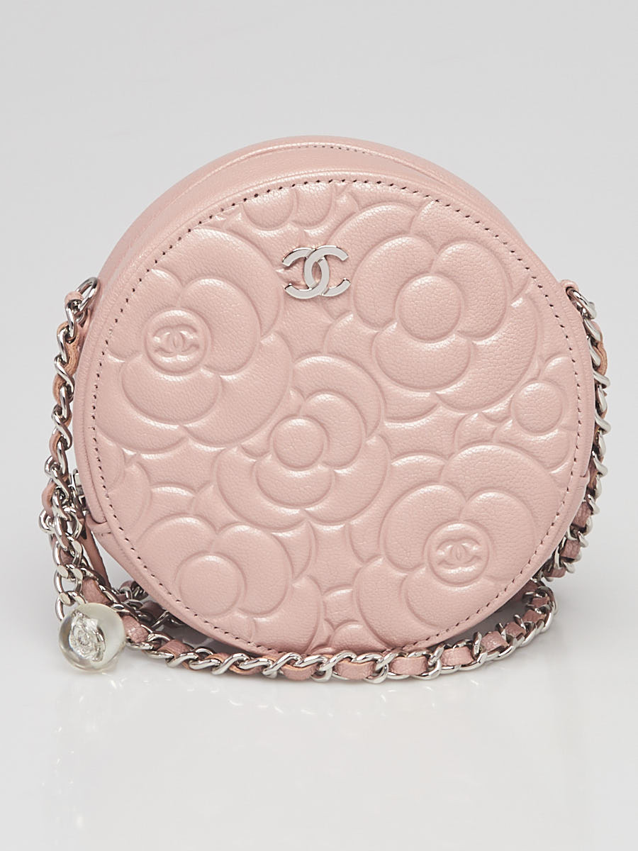 Chanel Iridescent Pink Camellia Embossed Goatskin Leather Round Clutch Bag