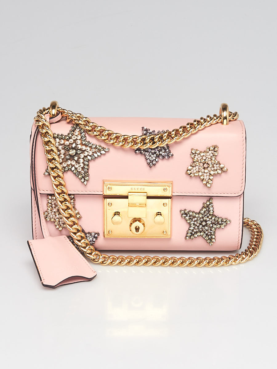 Gucci Pink Leather Crystal Star Small Padlock Crossbody Bag