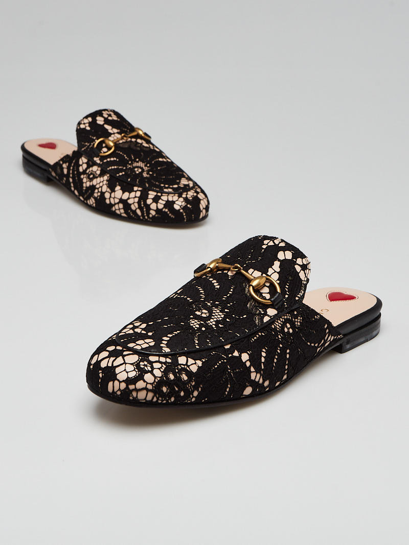 Gucci Black Lace and Leather Princetown Mule Flats Size 5 35.5