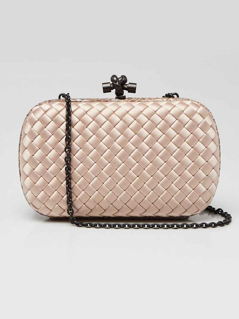 Bottega Veneta Dusty Pink Intrecciato Satin Knot Large Clutch Bag w  Chain