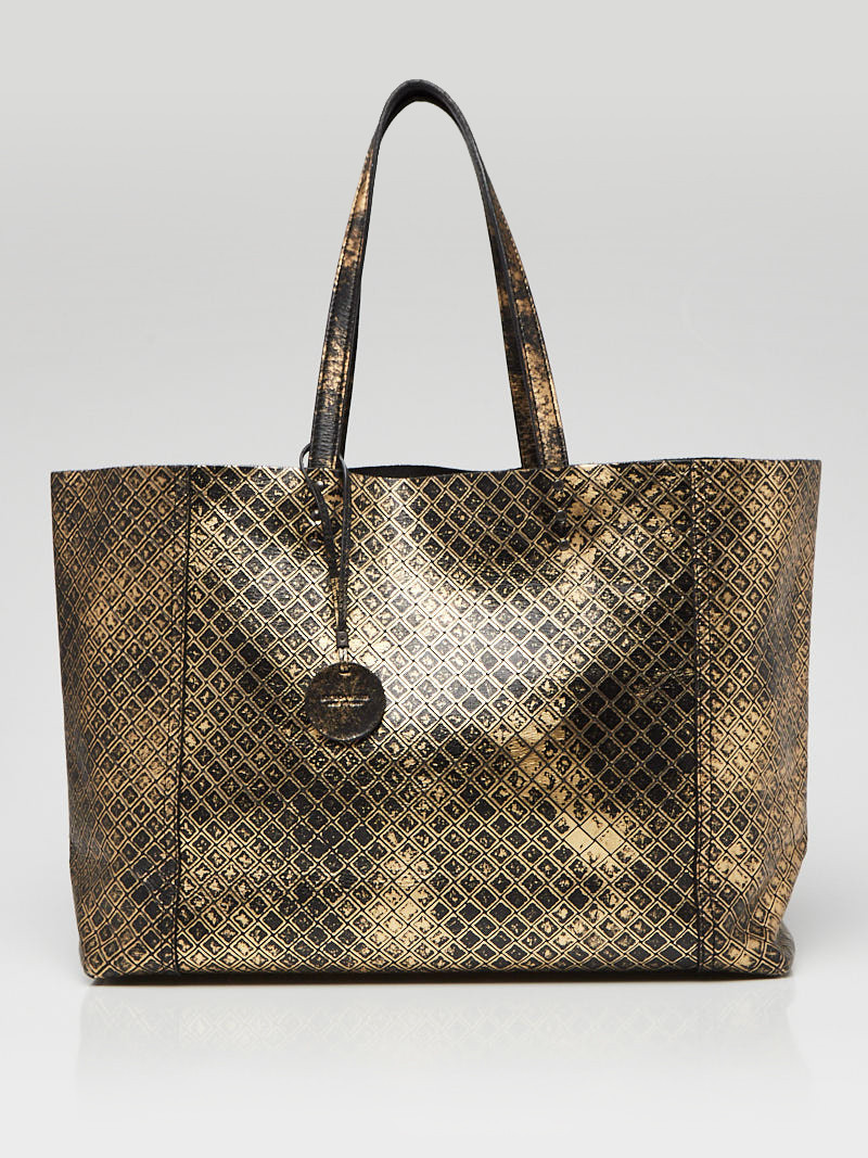 Bottega Veneta Black Gold Intrecciomirage Leather Tote Bag