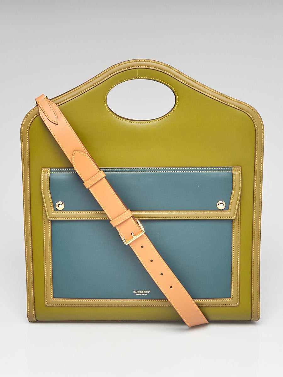Burberry Juniper Green Leather Topstitch Pocket Medium Tote Bag