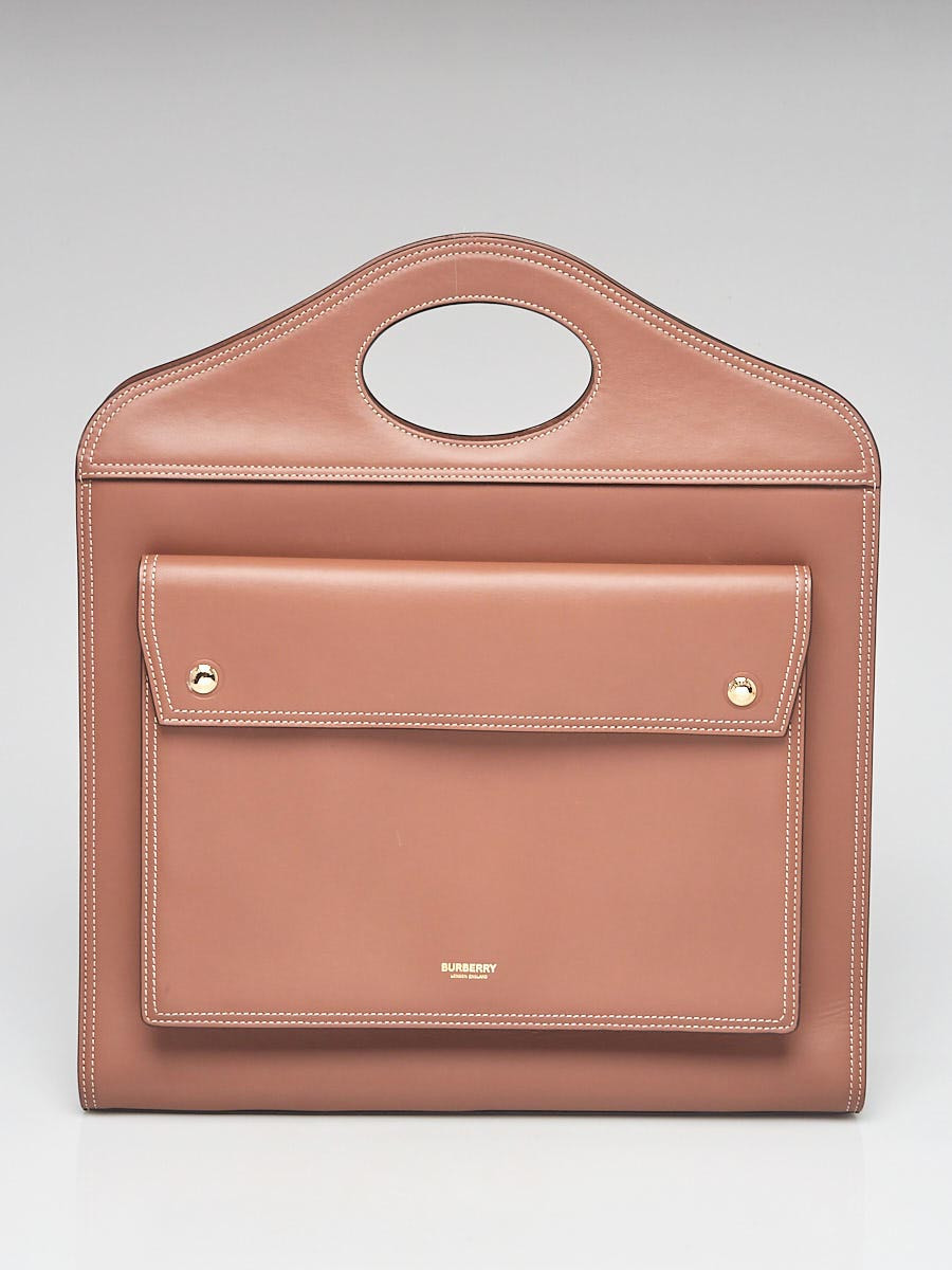 Burberry Malt Brown Leather Topstitch Pocket Medium Tote Bag