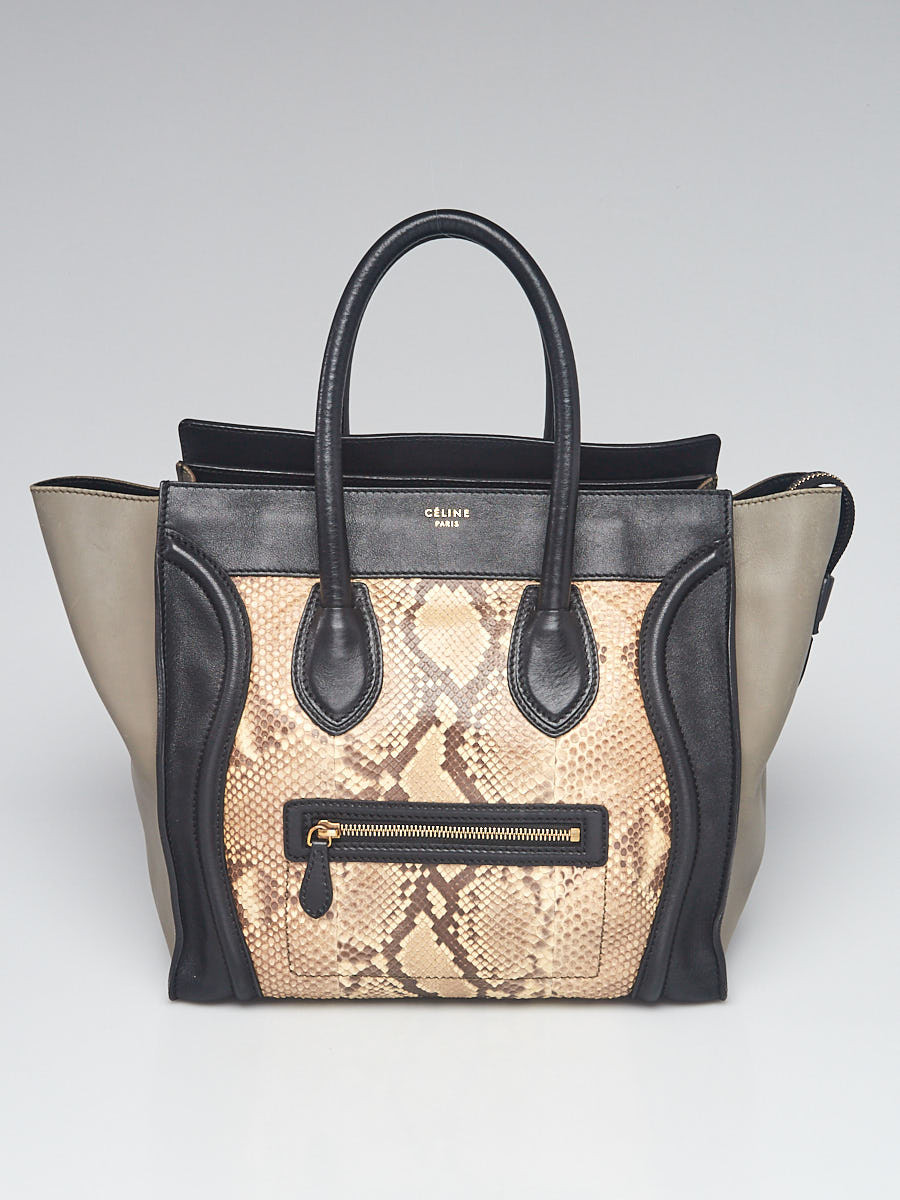 Celine Black Brown Grey Python Leather Mini Luggage Tote Bag