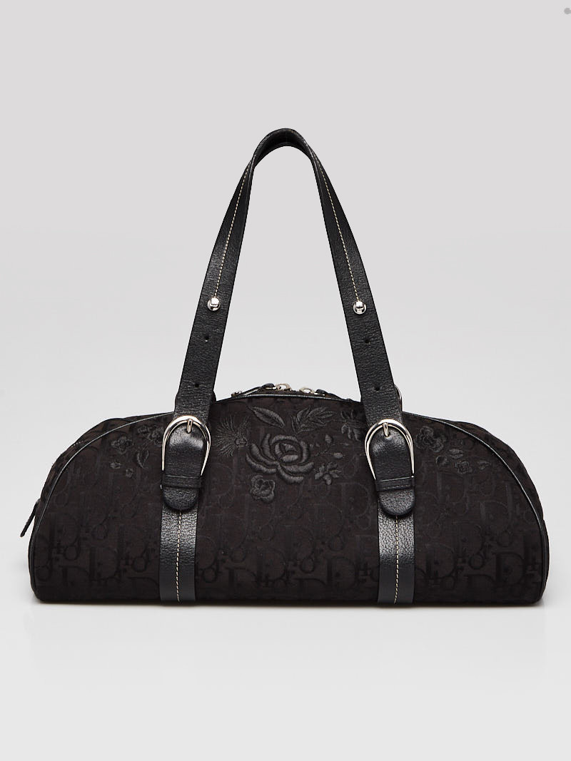 Christian Dior Black Dior Trotter Logo Canvas Embroidered Roses Shoulder Bag