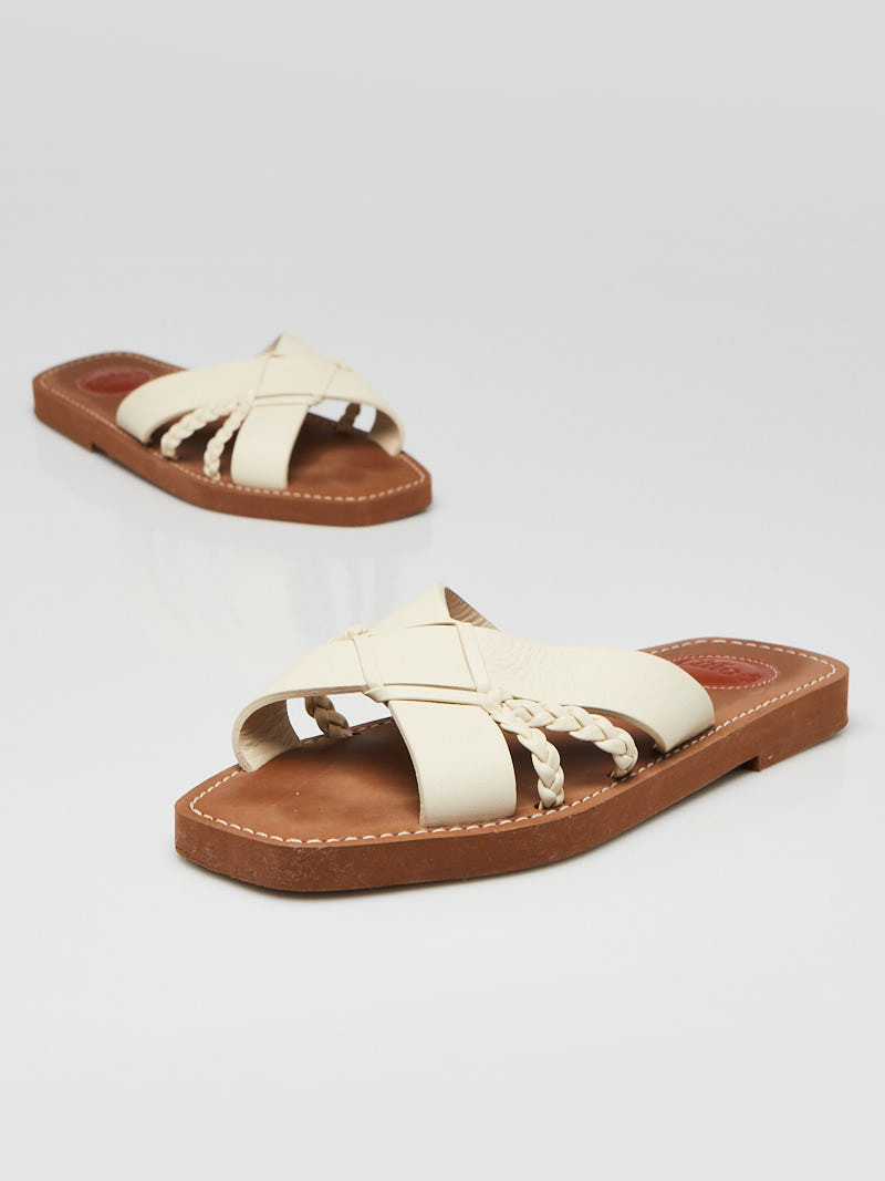 Chloe White Leather Braided Open Toe Flat Sandals Size 6.5 37