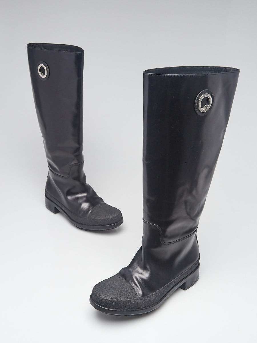 Balenciaga Black Glossed Leather Tall Rain Boots Size 6 36.5