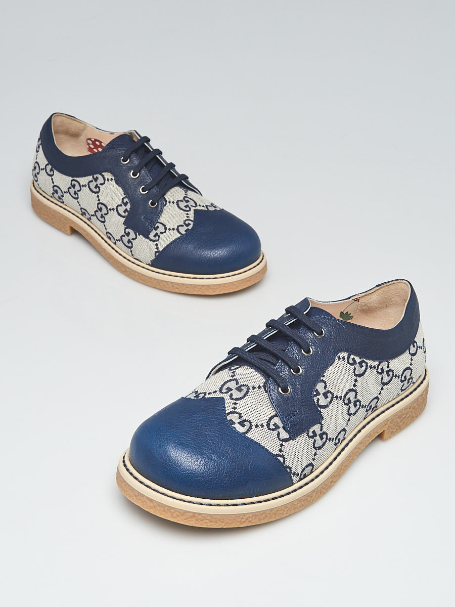 Gucci Blue Canvas Leather GG Print Lace Up Brogue Flats 3.5 34